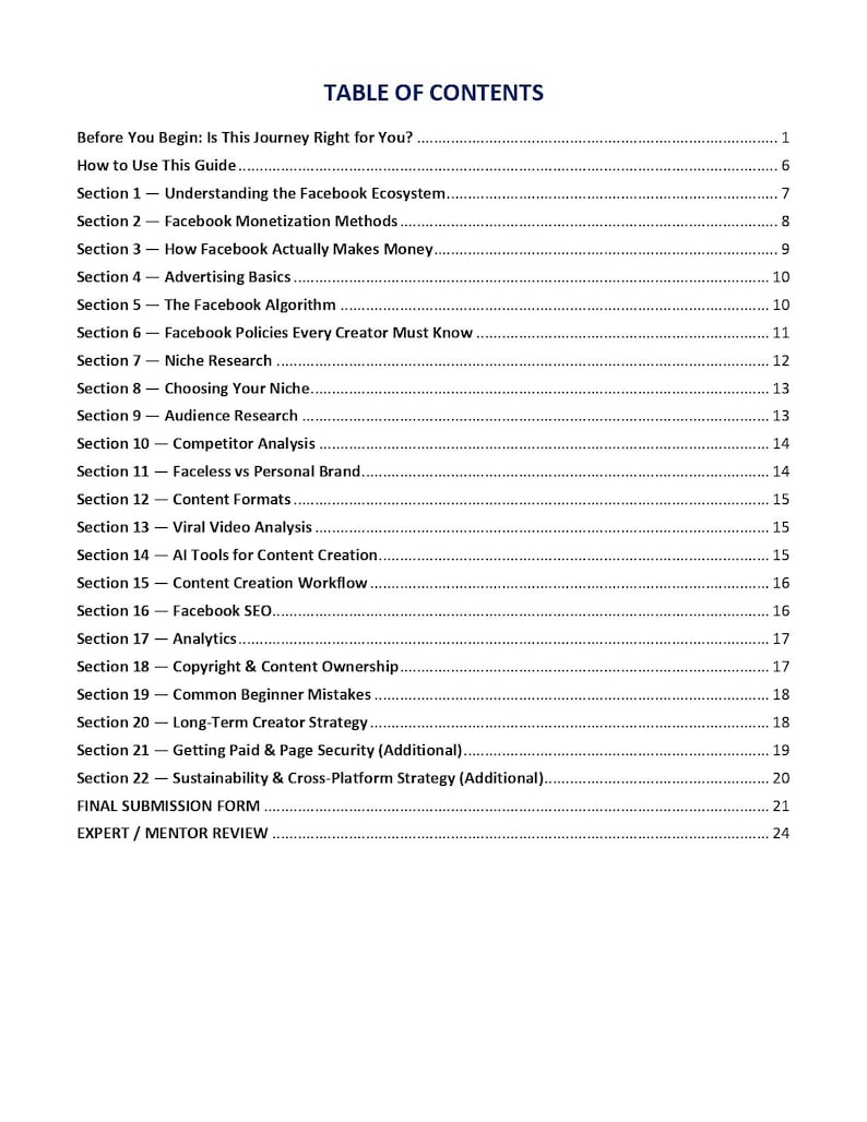 Puede incluir: Una p&aacute;gina de documento blanca titulada TABLE OF CONTENTS en texto azul oscuro. Enumera veintid&oacute;s secciones y elementos adicionales, incluidos Before You Begin, How to Use This Guide, Final Submission Form y Expert Mentor Review con n&uacute;meros de p&aacute;gina.