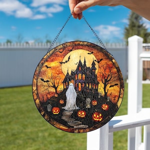 Haunted House Stained Glass Suncatcher, Spooky Pumpkin Path Design, Halloween Decor Accent, Horror Fans, Fall Gift Idea