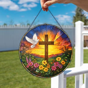 Stained Glass Cross And Wildflowers Suncatcher, Christian Glass Window Hanging, Flower Cross Religious Faith Gift,Cross Christmas Home Decor