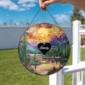 Sympathy Gift Memorial Suncatcher, Remembrance Gifts, Rustic Mountain Sunset Suncatcher, Scenic Nature Landscape Window Hanging Art