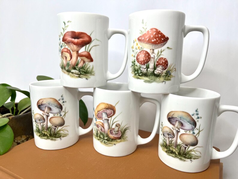 Pu&ograve; includere: Tazze in ceramica bianca con illustrazioni di funghi. Le tazze presentano diversi disegni di funghi nei toni del rosso, marrone e beige, con accenti di erba e fogliame verdi. Ogni tazza ha un manico curvo. Adatte per caff&egrave; o t&egrave;.