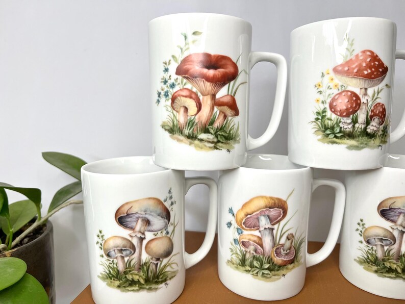 Pu&ograve; includere: Tazze in ceramica bianca con illustrazioni di funghi. Le tazze presentano vari disegni di funghi nelle tonalit&agrave; del marrone, del rosso e del giallo, con erba verde e fiori blu. Le tazze sono impilate.