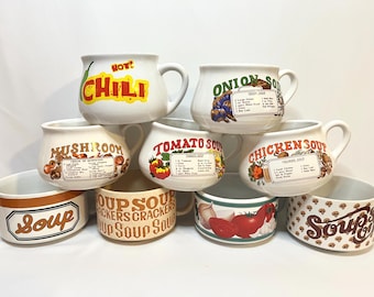 Vintage Ceramic Soup Mugs, Recipe Soup Mugs, Campbells Soup Mugs, Patterned Soup Mugs