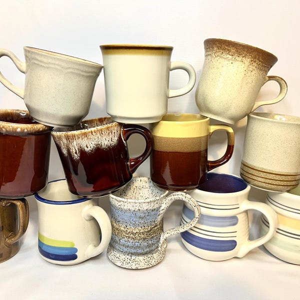 Vintage Mismatched Coffee Mugs: Stripes and Solids, Pottery and Stoneware