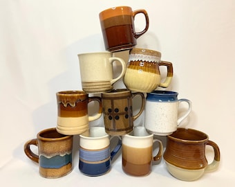 Vintage Mismatched Coffee Mugs: Stripes and Solids, Pottery and Stoneware
