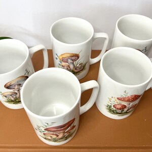 Pu&ograve; includere: Cinque tazze in ceramica bianca con illustrazioni di funghi. Ogni tazza presenta un diverso design di funghi nei toni del marrone, rosso e giallo, con accenti di fogliame verde. Le tazze hanno un manico standard e una finitura liscia e lucida.