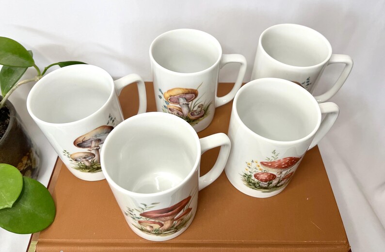Pu&ograve; includere: Cinque tazze in ceramica bianca con illustrazioni di funghi. Ogni tazza presenta un diverso design di funghi nei toni del marrone, rosso e giallo, con accenti di fogliame verde. Le tazze hanno un manico standard e una finitura liscia e lucida.