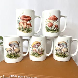 Pu&ograve; includere: Sei tazze in ceramica bianca con illustrazioni di funghi. Le tazze presentano diverse variet&agrave; di funghi nei toni del rosso, marrone, giallo e beige, con accenti di erba verde e fiori blu. Ogni tazza ha un manico curvo.