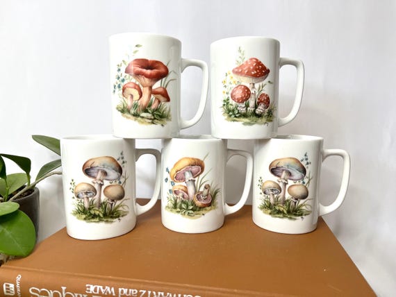 Vintage 1970s Mushroom Coffee Mug Set, Set of 5