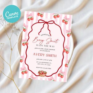 Invitación para baby shower con temática de fresas, plantilla editable de Canva de Tarta de Fresa (descarga digital)