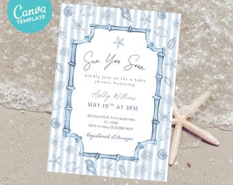 Zaproszenie na baby shower z motywem Sea You Soon, akwarela z motywem nadmorskim (szablon Canva)