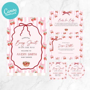Paquete de baby shower con temática de bayas, invitación con temática de fresas, sorteo de pañales, libros para bebé y más, plantilla editable de Canva