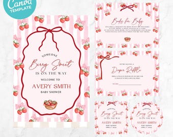 Berry Sweet Baby Shower Bundle, Strawberry Baby Shower Invitation Set, Editable Canva Template, Baby Shower Decor Bundle, Instant Download