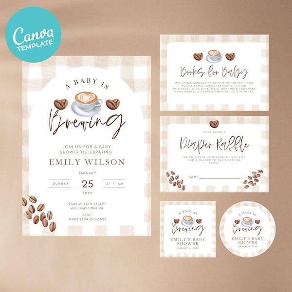May include: A set of baby shower invitations and coordinating cards with a coffee theme. The main invitation features the text "A Baby is Brewing" with a coffee cup illustration. Additional cards include "Books for Baby" and "Diaper Raffle".