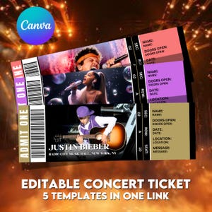 Modello di biglietto per concerto, biglietto per concerto personalizzato, biglietto per concerto stampabile, idea regalo, biglietto per evento fai da te, modificabile con Canva