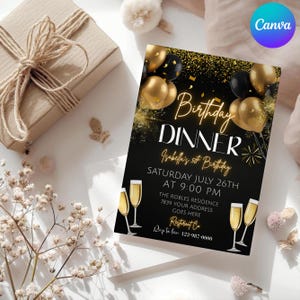 Digital Birthday Dinner Invitation, Black Tie Glam Invite, Black Golden Diamond Men & Women, Premade Gold Party Celebration, Canva Editable