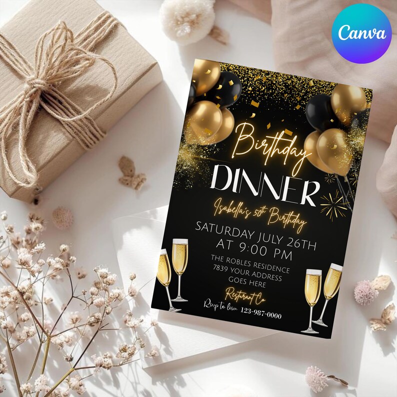 Digital Birthday Dinner Invitation, Black Tie Glam Invite, Black Golden Diamond Men & Women, Premade Gold Party Celebration, Canva Editable