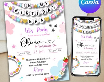 Invitación de cumpleaños con pulsera de la amistad, invitación de In my Birthday Era, invitación de cumpleaños de Hi Eras, invitación con pulsera Beastie, Canva editable