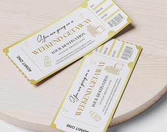 Weekend Getaway Gold Voucher, Weekend Away Ticket, Birthday Trip Travel Voucher, Printable Trip Away Gift Certificate, Canva Editable