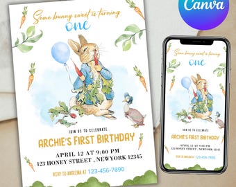 Peter Rabbit First Birthday Invitation, birthday invitation, Rustic Bunny, 1st Birthday, boy birthday party invitation, Canva Editable
