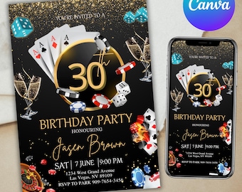 Casino Birthday Invitation, Poker Birthday Party Invite, Casino Night Invitation, Retirement Invite, 30th 40th 50th 60th, Canva Editable