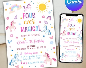 Invitación de cumpleaños número 4 de unicornio. Invitación de cumpleaños. Invitación de fiesta mágica, invitación de cumpleaños de arcoíris, invitación de cumpleaños mágica, Canva editable