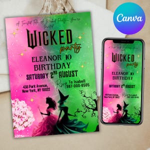 Könnte beinhalten: Eine Geburtstagseinladung mit einem rosa-grünen Farbverlauf. Die Einladung lautet "WICKED party" und enthält Details zum 10. Geburtstag von Eleanor am 2. August. Das Design zeigt Illustrationen von Hexen und einer Prinzessin.