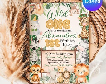 Safari Birthday Invitation, Girl Wild One Invitation, Jungle Animals Invitation, 1st Birthday Invitation, Canva Editable