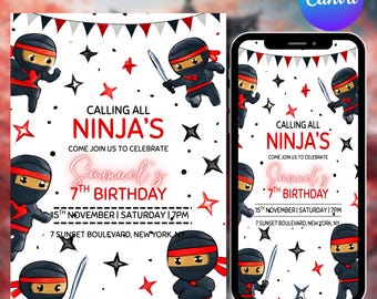 Editable Ninja Birthday Invitation, Printable Warrior Birthday Invitation, Martial Arts Invite, Ninja Party, Kids Boy Girl Invite, DIY Canva