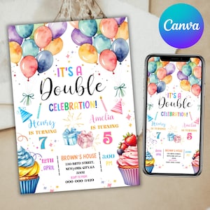 May include: A colorful invitation for a double birthday celebration. The invitation features a watercolor illustration of balloons, cupcakes, and presents. The text on the invitation reads "It's a Double Celebration!" and includes the names Henry and Amelia, their ages, and the date and time of the party. The invitation also includes the address of the party and a request to RSVP to Mom.