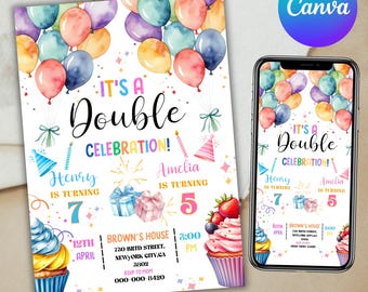 Join Party Birthday Invitation, Sibling Birthday Party, Double Birthday Invitation, Join Birthday Party invite Canva Editable