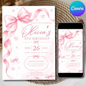 Può includere: Un biglietto d'invito per compleanno con nastri, fiocchi e cuori rosa ad acquerello su sfondo bianco. Il testo recita: Join us to celebrate Olivia's 6th birthday, Sun 26 Aug, party starts at 2:00 PM, Olivia's House, Bow Cute Drive Avenue.