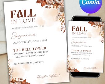 Fall in Love Bridal Shower Invitation Template, Autumn Floral Bridal Shower Invite, Boho Wildflower Bridal Shower Invite, Canva Editable