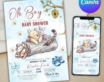Editable Winnie the Pooh Baby Shower Invitation, Digital Invitation Oh Boy, Blue Winnie The Pooh Invitation, Canva Editable