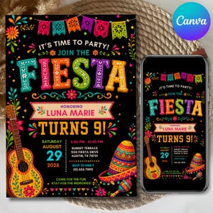May include: A black birthday invitation card featuring colorful papel picado banners, a guitar, and a sombrero. The text reads: IT'S TIME TO PARTY! JOIN THE FIESTA, HONORING LUNA MARIE TURNS 9! SATURDAY AUGUST 29 2026, 3:00 PM - 10:00 PM, SUNSET TERRACE.