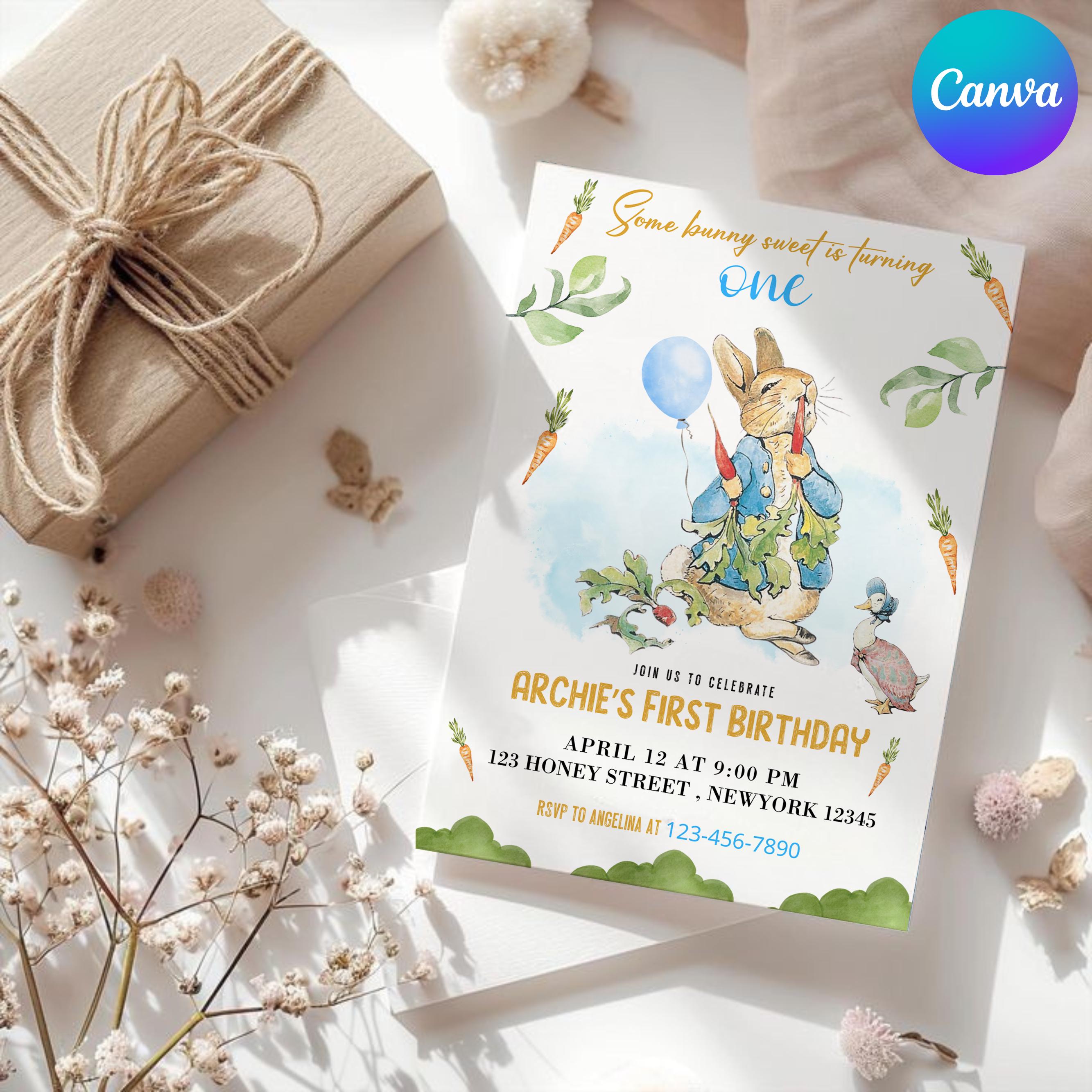 Peter Rabbit First Birthday Invitation, Birthday Invitation, Rustic ...