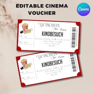 Peut inclure: Deux bons cadeaux de cinéma de style billet rouge et blanc avec le texte "Gutschein Fur Einen Kinobesuch" et une petite illustration de popcorn et d'une bobine de film. Le texte dit "Alles Gute zum Geburtstag! Genieß einen tollen Kinoabend mit diesem Gutschein! Viel Spaß und einen wunderschönen Tag! Alles Gute!"