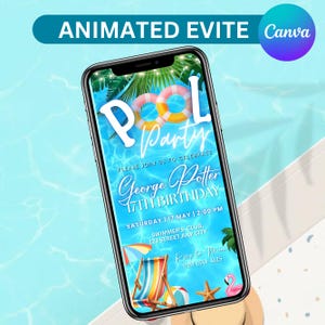 Blue Pool Party Birthday Invitation Video. Neon Beach Theme Tropical Summer Invite For Teens, Kids, Adults, Canva Editable