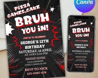 Bruh verjaardagsuitnodiging, Bro Pizza Party, Boy Arcade Games-feestuitnodiging, Bruh You In verjaardagsuitnodiging, Canva bewerkbaar