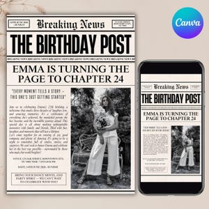 May include: A monochrome birthday announcement in a newspaper format, headlined "The Birthday Post" with the text "Emma is Turning the Page to Chapter 24." The announcement includes event details and a photo of a person holding flowers.