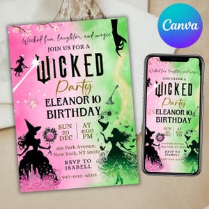 May include: A pink and green invitation for a Wicked Party for Eleanor's 10th birthday. The invitation features a silhouette of a witch with a broom and a fairy with a wand. The text on the invitation reads "Wicked fun, laughter, and magic. Join us for a Wicked Party. Eleanor 10 Birthday. Sun 20 Dec at 4:00 PM. 456 Park Avenue, New York, NY 10022. RSVP to Isabell 987-000-6505."