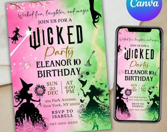 Wicked Birthday Party Invitation, Wicked party invitation, WICKED inspired Movie ticket, Elphaba & Glinda Theme, Movie party, Canva Editable