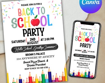 Back to School Party Invitation, Front and Back, Text, Teen Kid Boy Girl School Party, We Out End of Year Invitation, Canva Editable