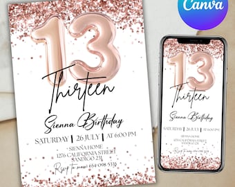 Rose Gold Glitter Birthday Invitation, Glitter Birthday Invitation, 13th birthday Party, Princess invitation, Canva Editable