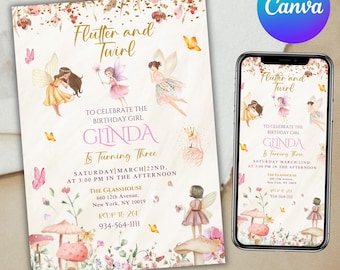 Editable Fairy Birthday Invitation Template Enchanted Whimsical Garden Forest Girl Invite Floral Magical Princess Party, Canva Editable