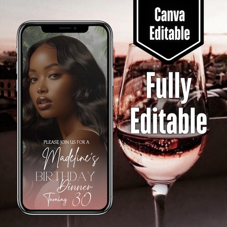 Digital Birthday Dinner invitation, Animated Digital Birthday Dinner Party, birthday evite, Music, Text, Birthday Party, Canva Editable