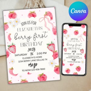 Berry First Birthday Invitation, Berry First, Strawberry 1st Birthday Invite, Berry first birthday invite, Canva Editable