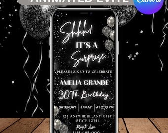 Shhh It's a Surprise Birthday video Invitation, Silver Glitter Digital Invitation, Surprise digital invitation, Canva Editable