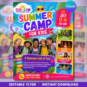 Könnte beinhalten: Ein bunter Flyer für das Sunbeam Adventure Club Sommercamp für Kinder. Er zeigt eine Gruppe von fünf lächelnden Kindern, Details für den 12.-14. Juli, Aktivitätssymbole für Naturwanderungen, Lagerfeuer, Basteln und Spiele sowie Kontaktinfos.