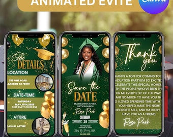 Save The Date Graduation Invite, Graduation 2025 Announcement, Green Graduate invitation Template, School Grad party evite, Canva Editable